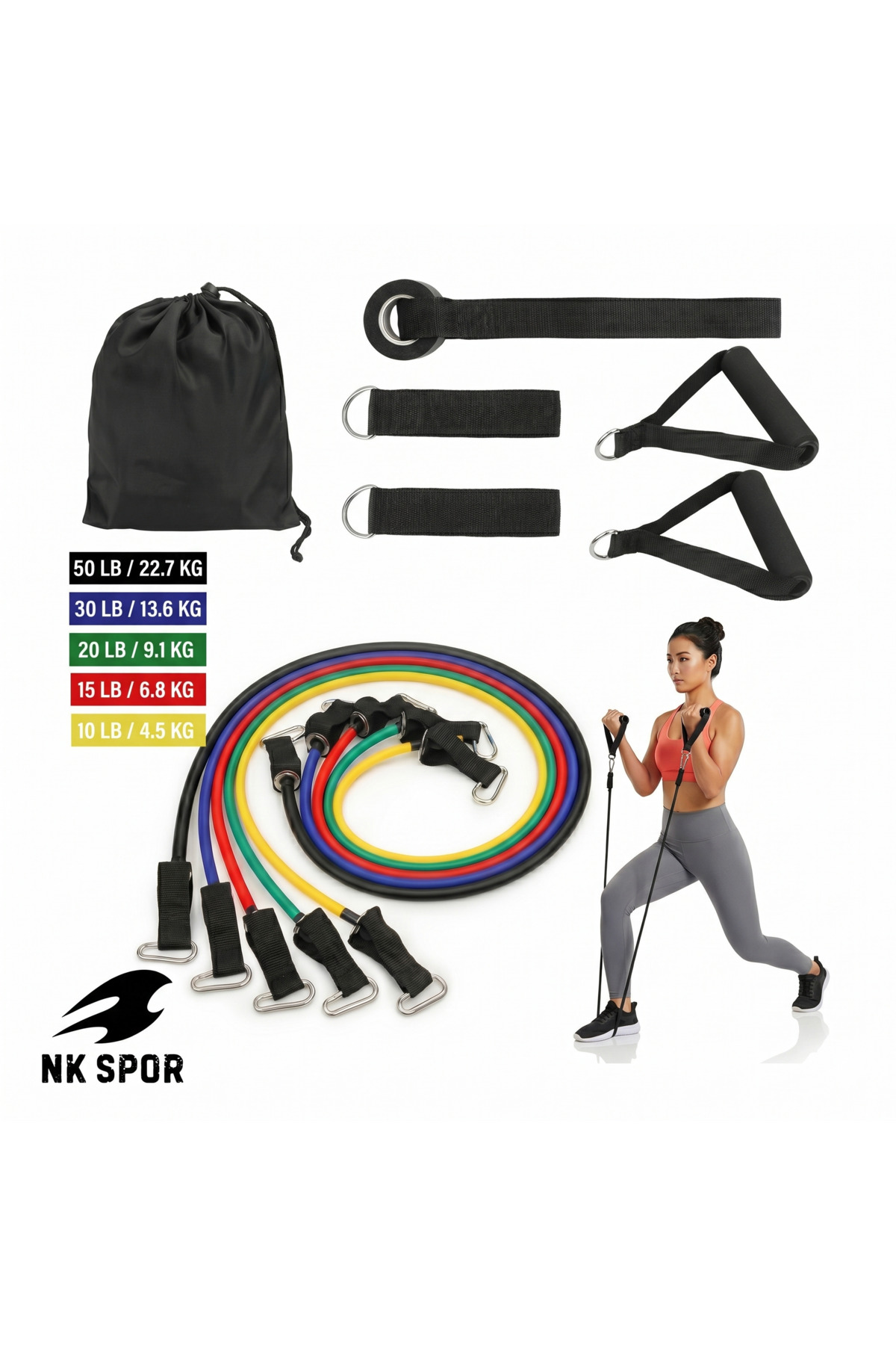 NK SPOR 10 Parça Profesyonel Direnç Lastiği Seti -10-50 LB (4.5-23 KG) Kapasiteli-Evde Spor-Egzersiz